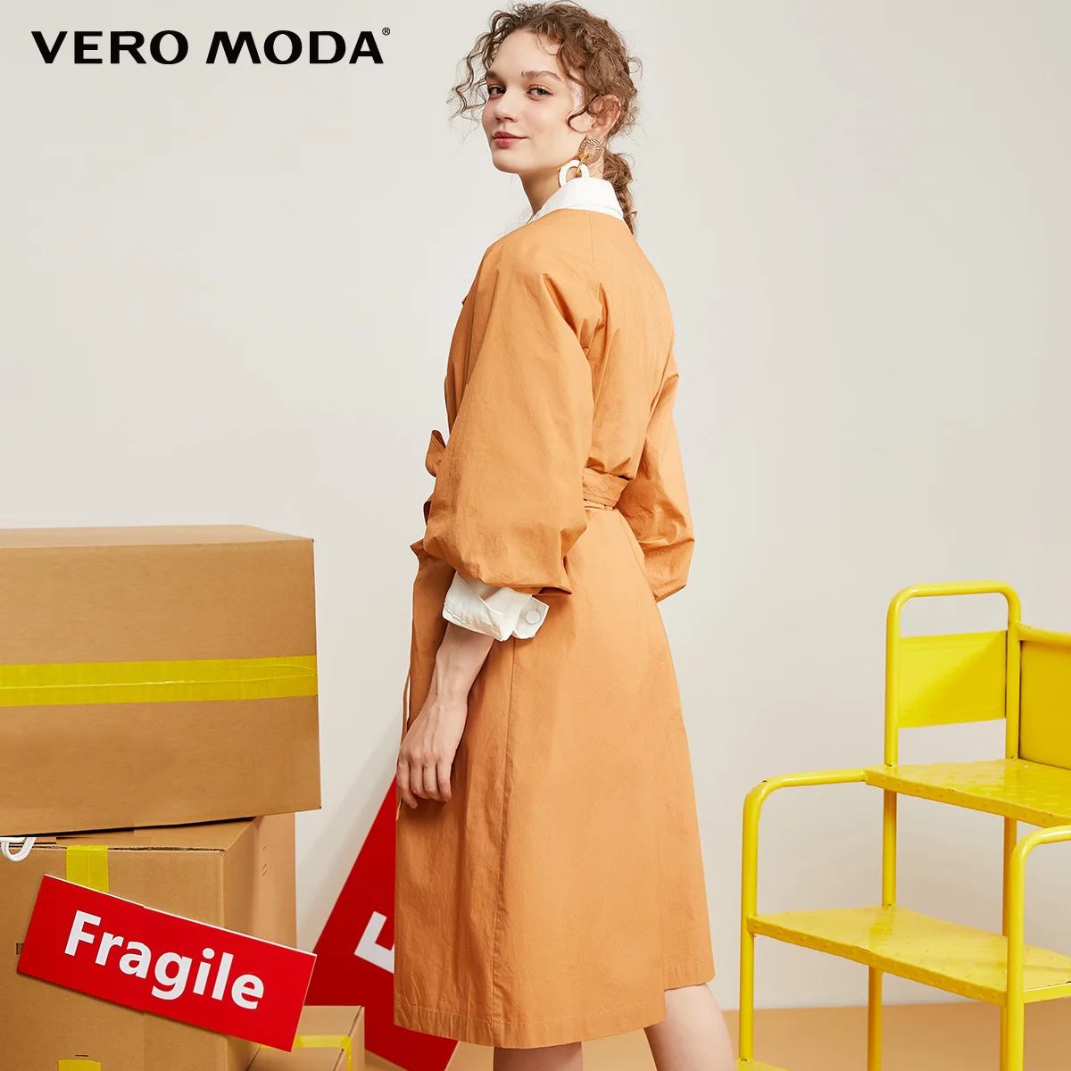 Vero Moda зимнее женское длинное оранжевое Пальто Тренч воротник с ...