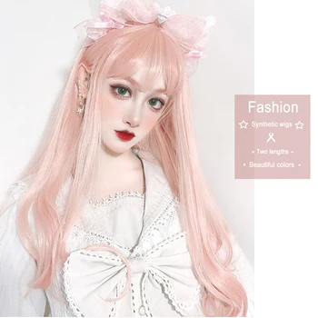 

BUQI Long Synthetic Wigs Short Pink Curly Wave Fake Hair With Bangs For Wavy Daily Cosplay Lolita