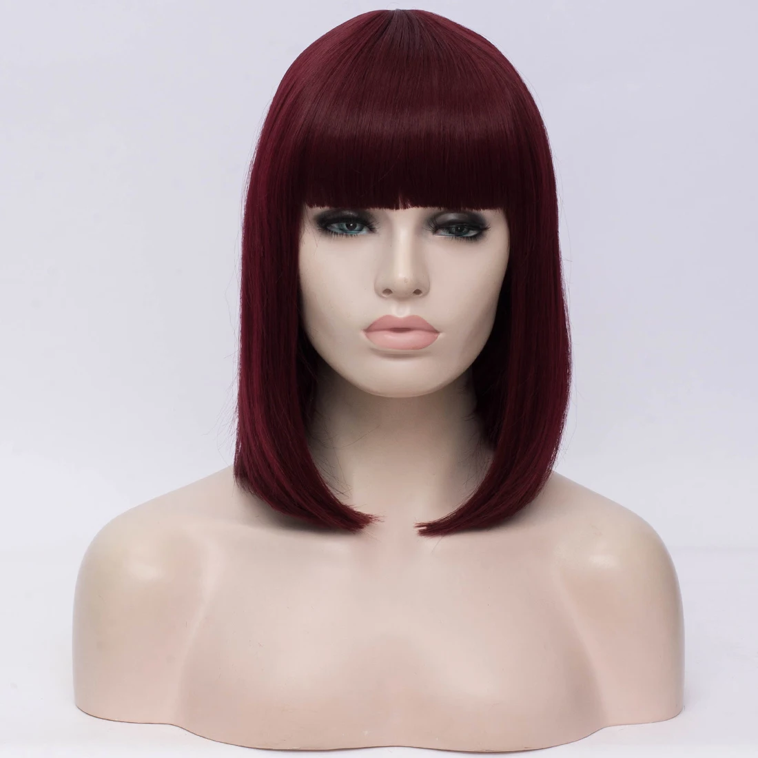 Синтетические волосы 14 дюймов черные прямые парики челки синий золотистого цвета, цвета: красный, зеленый, фиолетовый, коричневый Косплэй парик для женщин