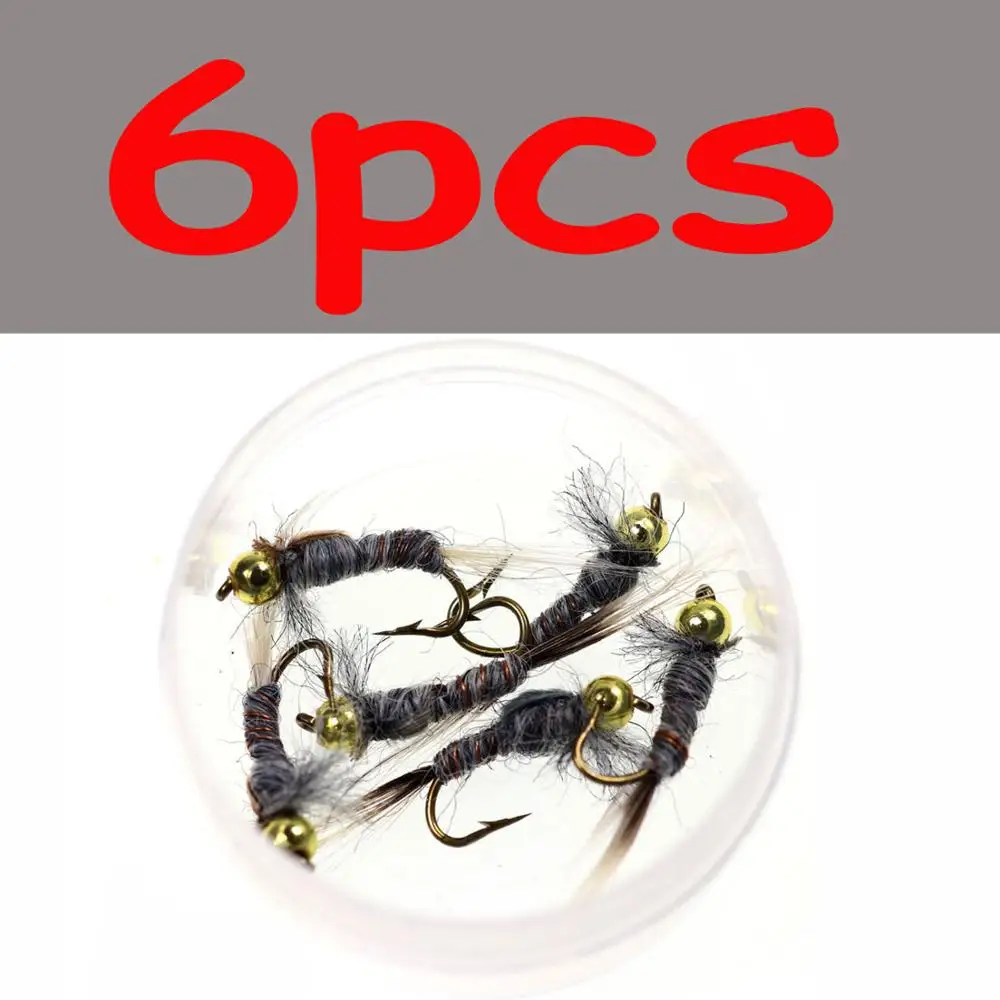 6pcs 6 шт. 12# FZ106 Beadhead серое ухо зайца Нимфа Летающая форель Летающая приманка для ловли нахлыстом - Цвет: 6pcs