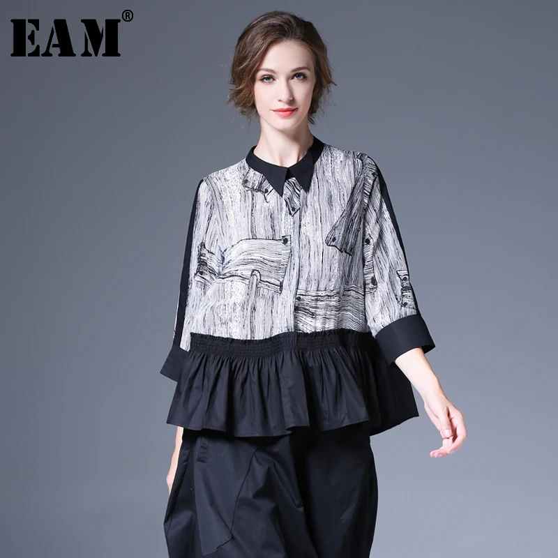 

[EAM] 2019 Spring New Fashion Three Quarter Sleeve Loose Stand Lead Chiffon Shirt Woman's Ruffles Hemline Blouse YC39701