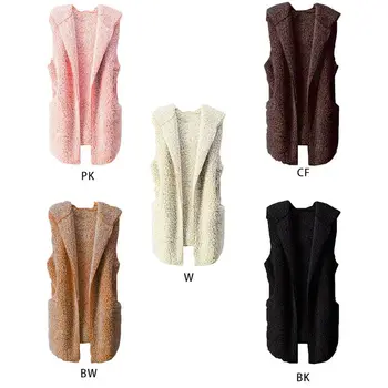 

Women Winter Sleeveless Thick Plush Cardigan Vest Open Front Solid Color Loose Outwear Waistcoat Large Hooded Jacket with Pocket