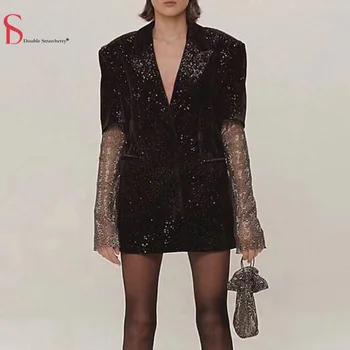 

Double Strawberry fashion Women's Suit Autumn Lapel Stitching Colorful Diamond Hollow Long-sleeved Elegant Blazers Jacket