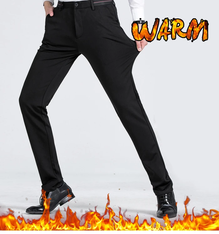 Зимние новые мужские теплые повседневные брюки бизнес мода классический стиль Slim Fit стрейч толстые черные брюки мужской бренд