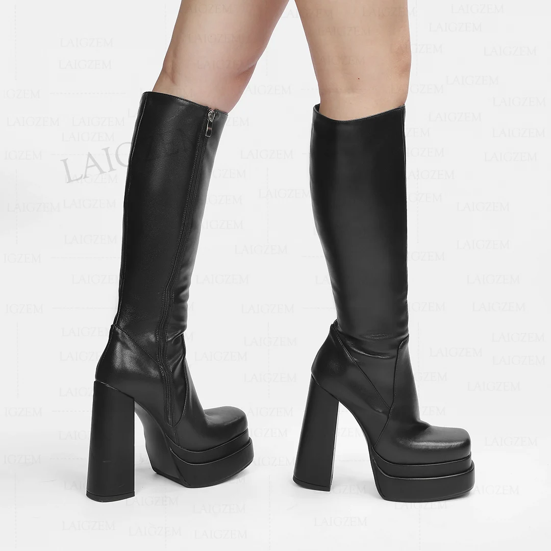 

LAIGZEM Women Knee High Boots Real Leather+ Synthetic Block High Heel Zip Up Boots Ladies Height Increase Shoes Woman Size 39 43