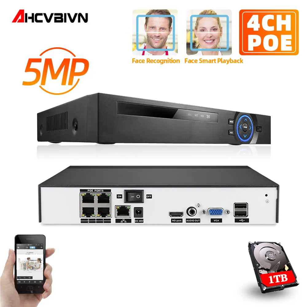 

NVR 4CH 5MP Audio Surveillance Security IP Camera POE CCTV System ONVIF P2P NVR Network Video Recorder With 2TB HDD 4ch