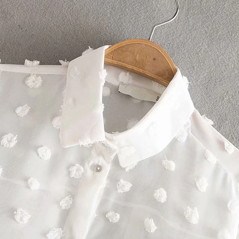 Блузка в горошек с вышивкой Женская с длинным рукавом офисная Модная белая рубашка отложной воротник размера плюс шифоновая блузка женские блузки