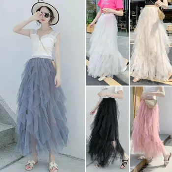 

Spring New Sweet Irregular Long Mesh Skirts Princess High Waist Ruffled Vintage Tulle Pleated Skirts
