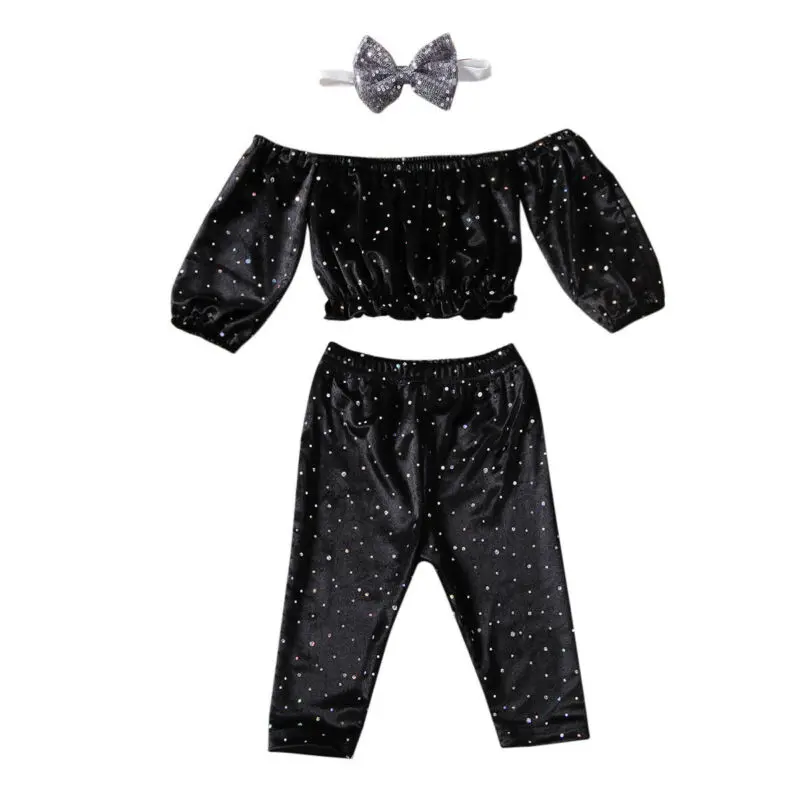 Infant Baby Girl Sequin Clothes Sets 3pcs Long Sleeve Off Shoulder Tops Long Pants Headband Outfit 1-4Y Set