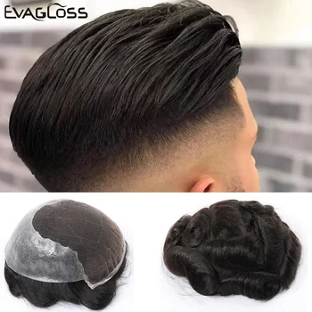 

EVAGLOSS Men Toupee Q6 Style Durable Swiss Lace Thin PU Hair System Replacement Real Indian Remy Human Hair Men Wig
