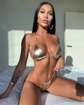 

2020 New Sexy Golden Bikini Stamping Bathing Suit Triangle Bralette Swimwear S-L Girl Thong Swimsuit Low Waist Micro Bikini Set