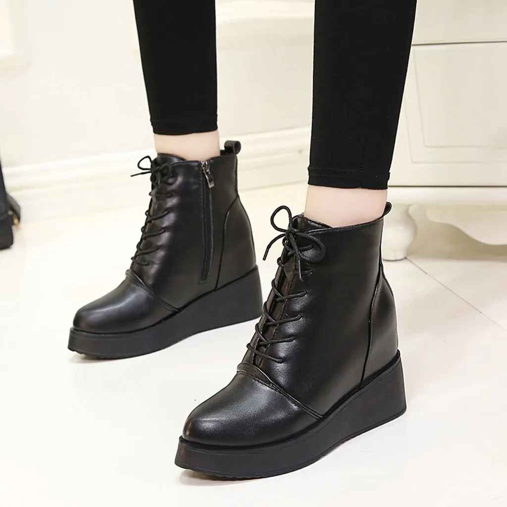 

Women's Boots Thick Bottomed Increasing Booties Single Lace-Up Boots High-Heeled Pointed Shoes Coturno Feminino Bota Femenina