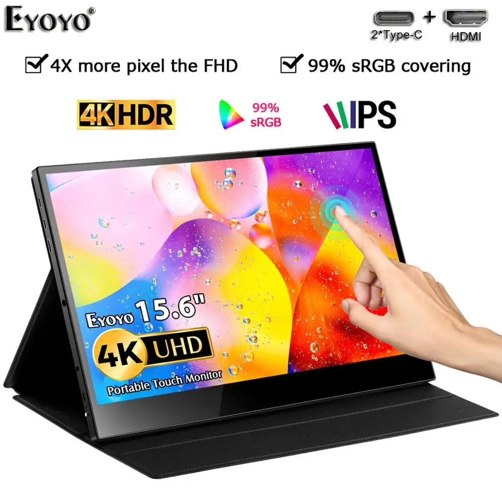 Портативный игровой монитор Eyoyo 15 6 дюйма USB C HDMI 4K поворотный сенсорный экран HDR IPS