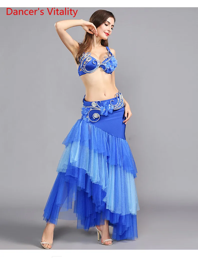 Женский костюм для Танцев Живота, 3 предмета, роскошный бюстгальтер+ длинная юбка+ рукава для танцев, для девочек