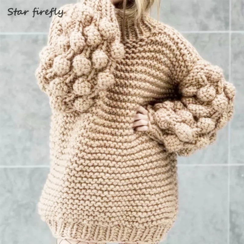 

Star firefly women fashion sweater 2019 autumn winter half high collar cotton warm handmade ball fluffy pullover sweaters
