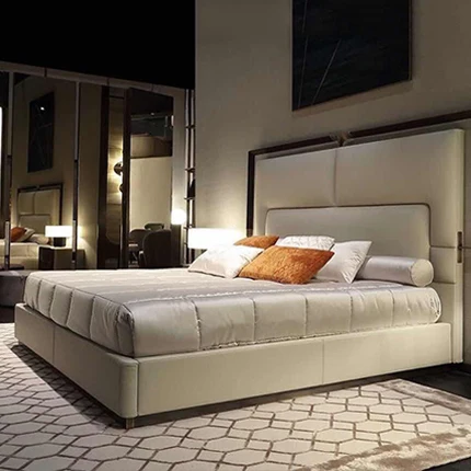 Chinese Modern Simple Style Wooden Double Bed Set with Two Nightstands