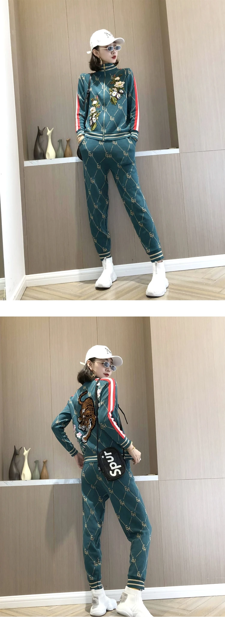 10.10  High quality Autumn Women embroidery flower contrast color knitted cardigan sweaters coat casual pants Two piece set