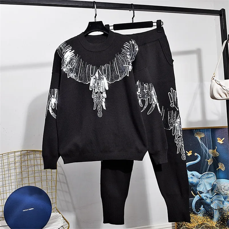 

Autumn Fashion Women Sequins Black Knitted Sweater Pencil Pants Two Piece Set Outfits Loose Casual Tracksuits Female Knit Suit