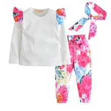 Коллекция года, одежда для маленьких девочек хлопковый боди с длинными рукавами+ длинные штаны с цветочным принтом+ шарф, комплект из 3 предметов комплект одежды для новорожденных девочек