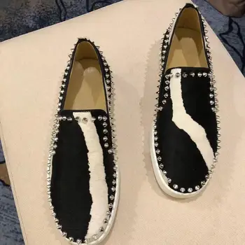 

Plus Size 38-46 New Fashion Rivet Black and White Velvet Men Loafers Handmade Men Dress Shoes Comfortable Men's Smoking Shoes