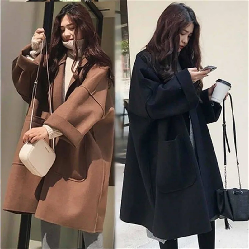 Зимнее шерстяное Женское пальто больших размеров, Корейская длинная куртка, Теплый черный Тренч, элегантное шерстяное пальто из кашемира, винтажное пальто-кардиган, накидка