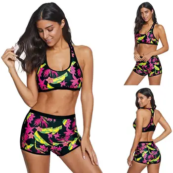 

Women bikini suits Two Pieces Floral Print Swimsuit pink polyester fiber comfy bikinis set includes top and boxer brief