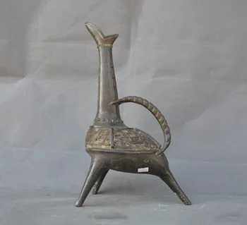 

wedding decoration 12"old Chinese bronze ware dynasty beast Pattern Text Wine vessel flagon pot