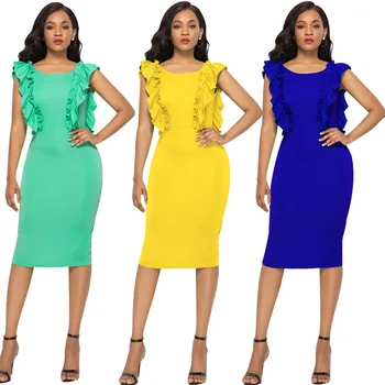 

Daily suit OWLPRINCESS 2020 New Solid Color Ruffled Bat Sleeve round Neck Slit Hip Dress