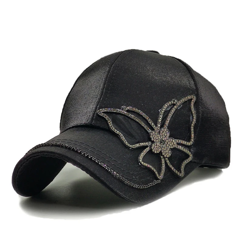 Черный Summer Women Rhinestone Baseball Caps For Girl Female Adjustable Hip Hop Fashion Sequins butterfly Snapback Hats - Цвет: Черный