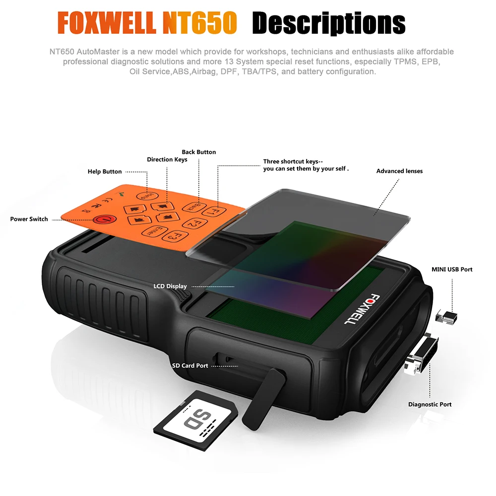 NT650 Elite Foxwell OBD2 автомобильный сканер ABS подушка безопасности SAS DPF EPB масло сброс код ридер профессиональный автомобильный диагностический инструмент