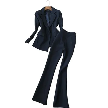 

Elegant women's office business wear pants suit two-piece high quality Slim ladies jacket Temperament high waist flared pants