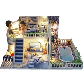 

DIY Static Medium-Sized Luminous Double-Decker Villa Building Model LED Wood Warm Creative Birthday Aegean Style Collection Gift