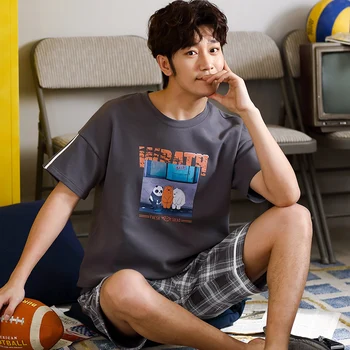 

Print Cartoon Shirts and Stripe Shorts Pajamas Set for Man Cotton Pijama Set for Male Plus Size Casual Sleepwear Pyjamas Suit