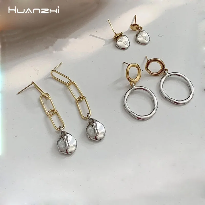 HUANZHI 2020 New Korea Simple Metal Gold Silver Color Irregular Earring Glossy Stud Earrings for Women Girl Party Jewelry | Украшения и