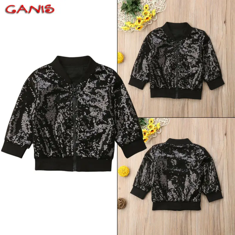 Toddler Kids Baby Girls Sequins Glitter Zip Coat Outerwear Jacket Autumn Children Clothes