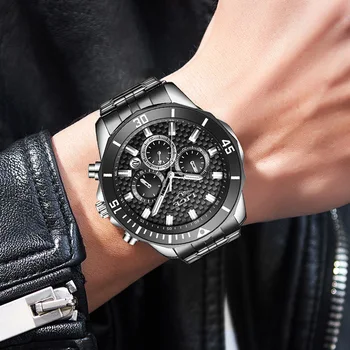 

Luxury fashion men black color round shape design Quartz Wrist watch stainless steel band men Business Quartz watch 200918-40
