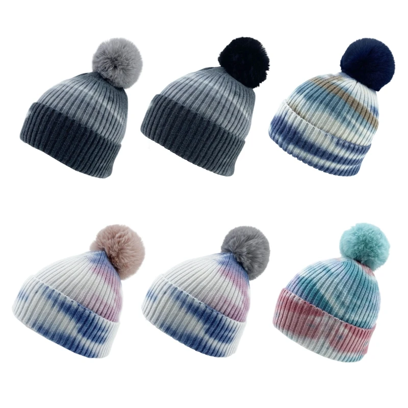 

Women Men Winter Ribbed Knitted Stretch Beanie Hat with Detachable Fluffy Pom Gradient Tie-Dye Printed Cuffed Skull Cap Ear War
