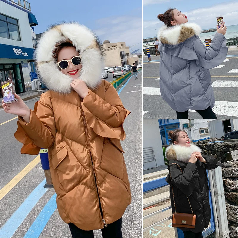 

Cotton-padded Jacket Women's 2019 New Style Slim Fit Slimming Korean-style Large Fur Collar Mid-length down Jacket Cotton-padded