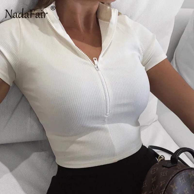 Nadafair футболка на молнии с коротким рукавом женские сексуальные Клубные вечерние белые черные укороченные топы лето