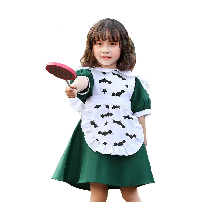 

Green And White Bat Printing Girls Maid Cosplay Kids Children Halloween Vampire Costumes Carnival Purim Role Playing Party Dress