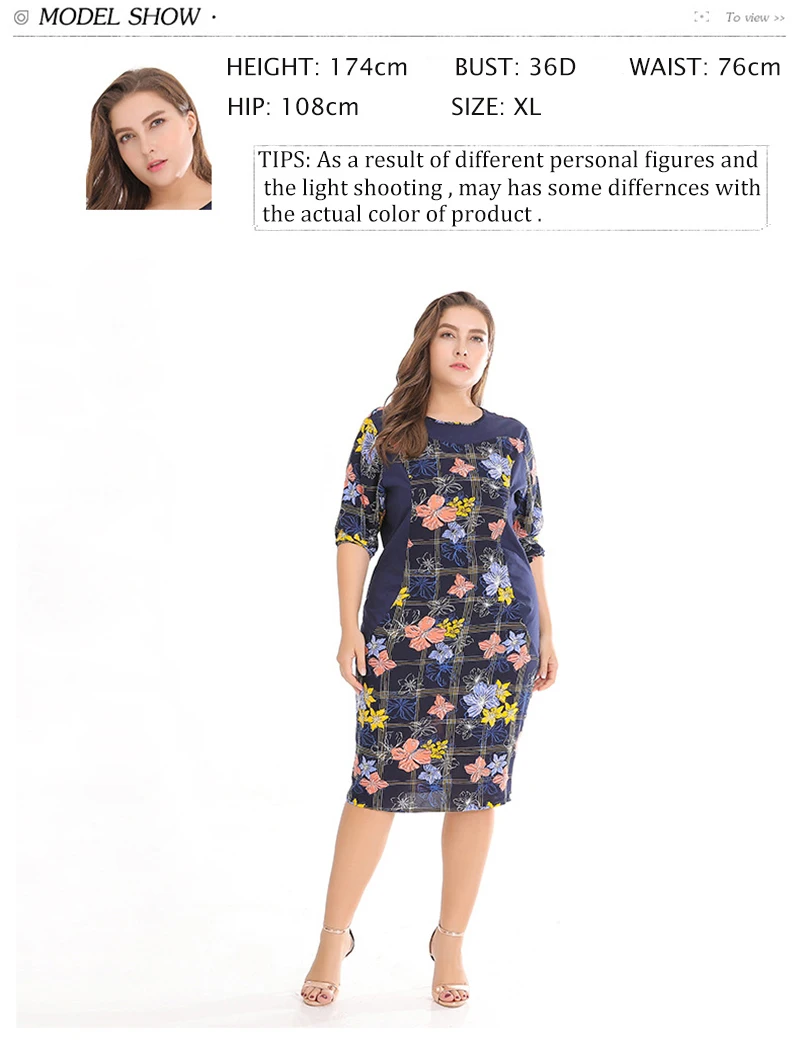 Summer Women Floral Print Dress Europe Large Size Female Dresses Casual Blue Spliced Woven Garments Half Sleeve O-Neck Lady