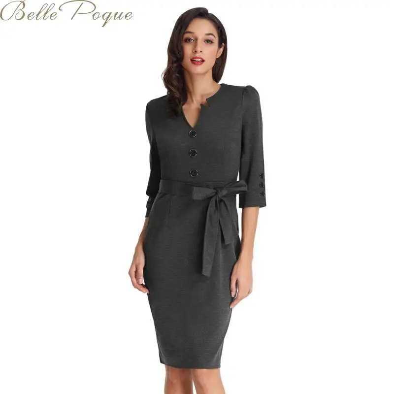 Belle Poque, винтажное однотонное платье с бантом на поясе, женские элегантные офисные платья, осень, миди, деловые вечерние платья