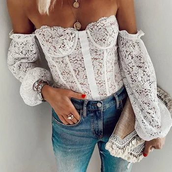 

Paris Girl Summer Hollow Out Embroidered Slash Neck Strapless Lace Wrap Chest Lantern Sleeve Women Tops