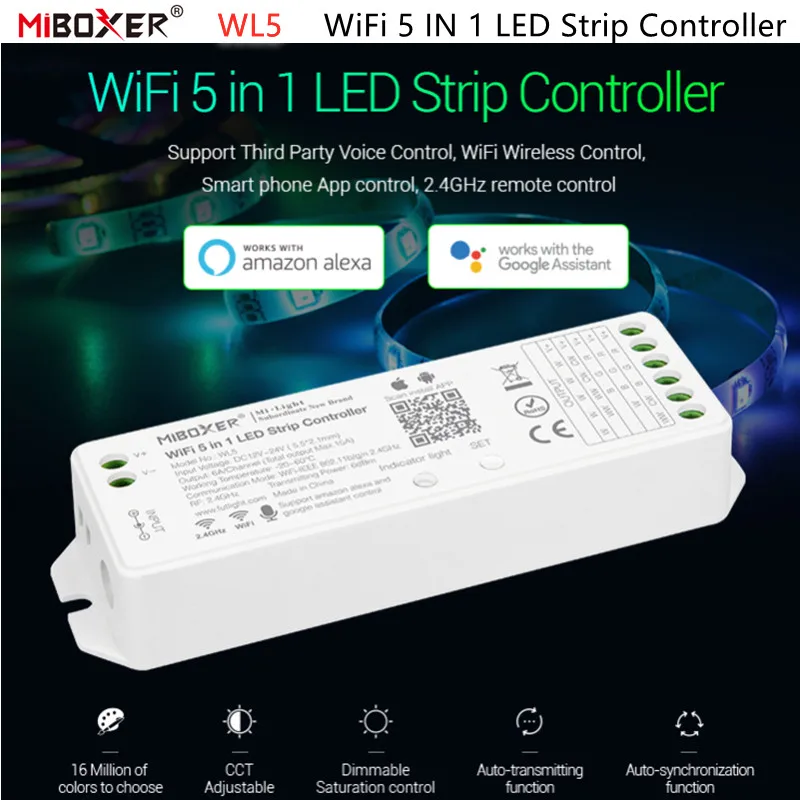 Miboxer WL5 2.4G 5 IN 1 WiFi LED denetleyici tek renk CCT RGB RGBW RGB + skk Led şerit APP/WiFi/üçüncü taraf ses kontrolü
