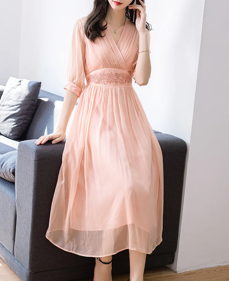 Tcyeek летнее сексуальное Vneck платье из натурального шелка Женское длинное элегантное женское платье Vestido женское вечернее платье с вышивкой ropa mujer 08
