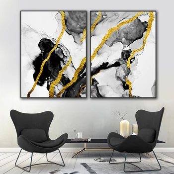 

Abstract marble wall canvas painting golden black poster printing picture home living room wall decor canvas art