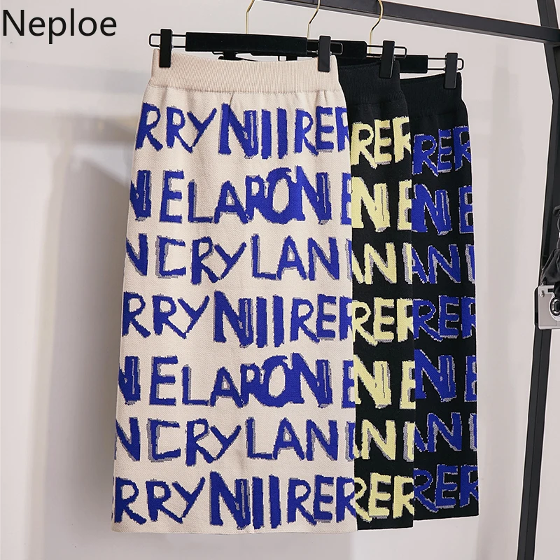 Neploe, вязаные женские юбки с буквенным принтом, Осень-зима, повседневные, тянущиеся, на талии, с разрезом, свободные, прямые, до середины икры, женские юбки 80519