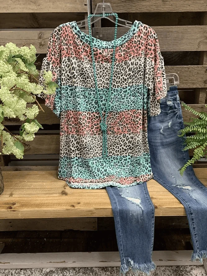 2020 New Arrival Leopard Printed Tops Tee Shirts Casual Flare Sleeve T-shirt For Women Summer O-neck Leopard Print Top Femme