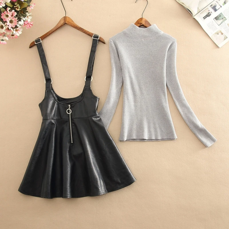 

2020 Autumn Winter 2 Piece Set Overalls Dress Women Turtleneck Sweater Jumper Top +Black A Line Cute PU Leather Vest Dress New