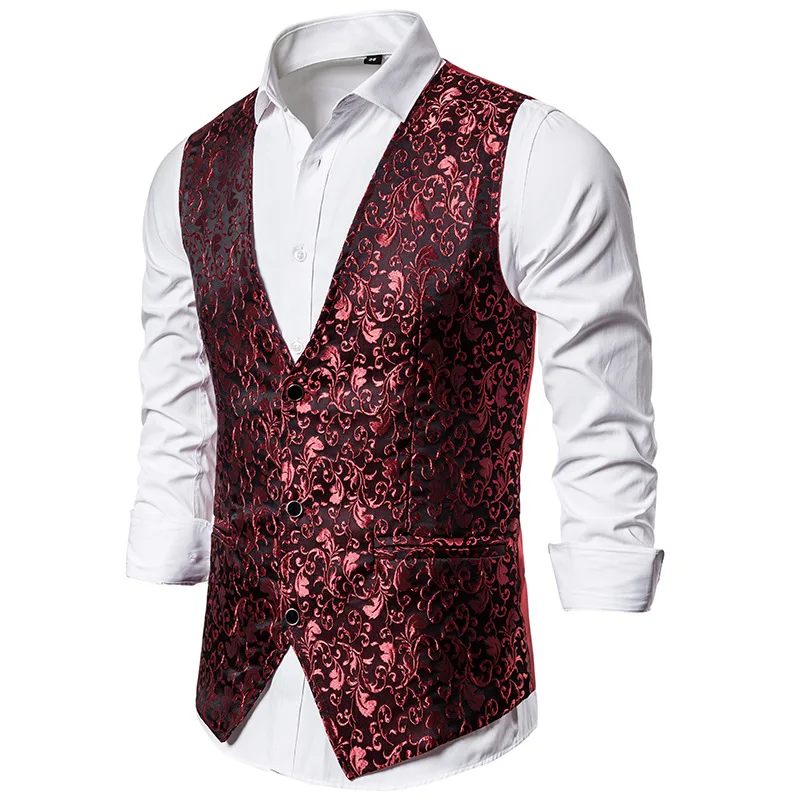 Floral rojo Jacquard hombres Chaleco Hombre 2021 marca camiseta ajustada sin mangas Chaleco de boda de los hombres de negocios Formal vestido chalecos de Hombre XXL
